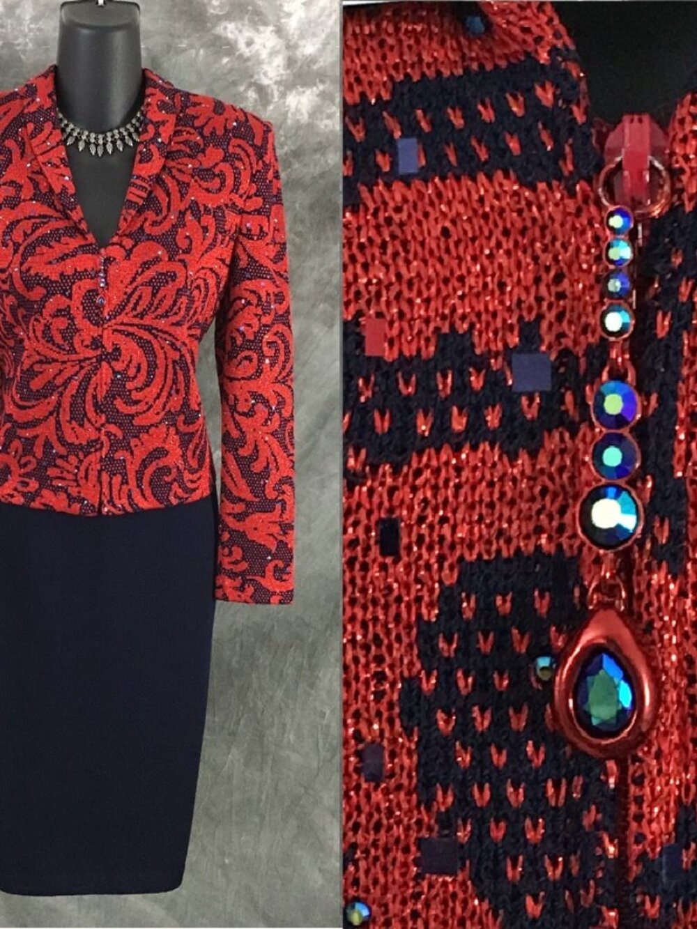BEAUTIFUL St John evening red blue rhinestones embellished skirt suit size 2 4